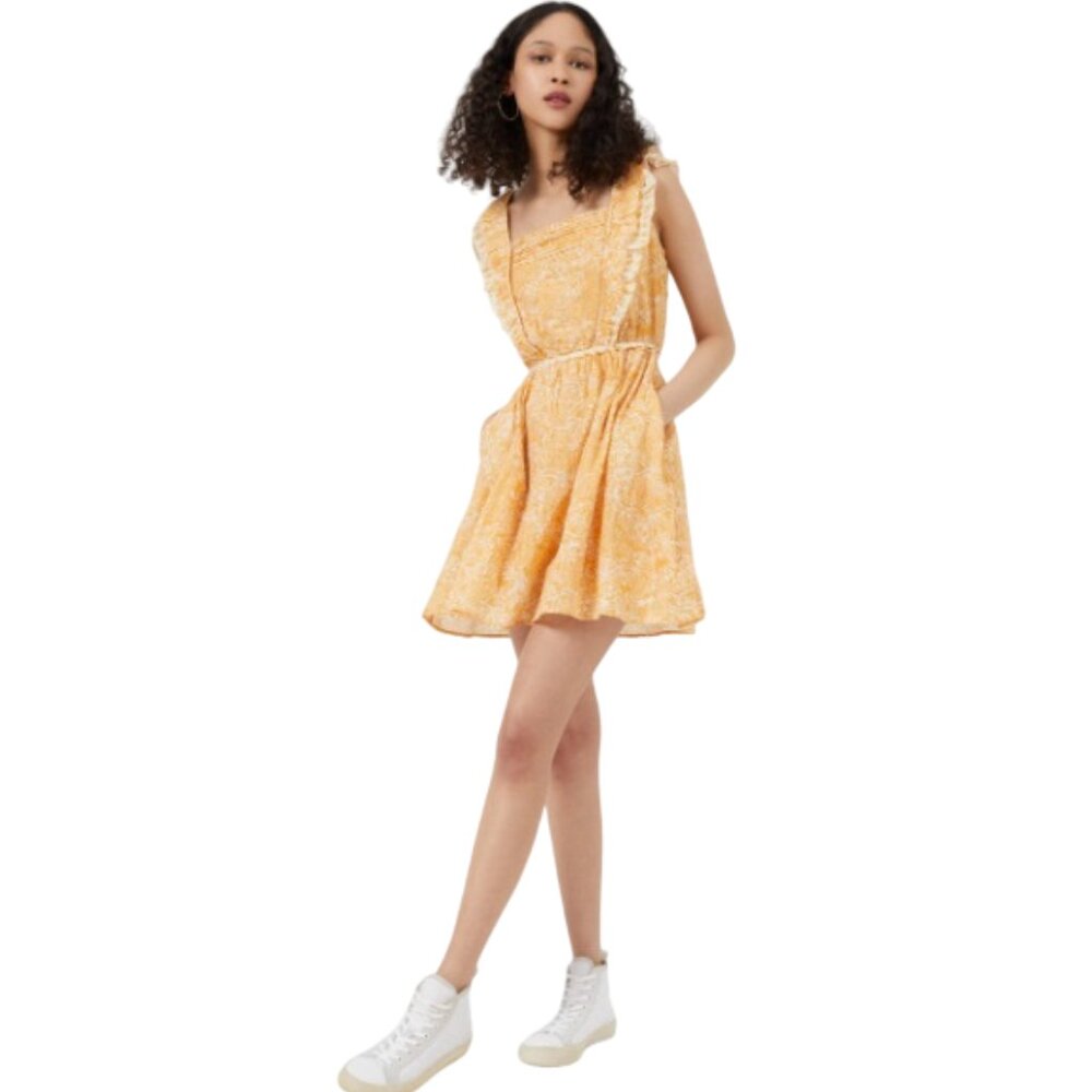 French Connection Adena Square Neck Pintuck Dress‎ in Yellow Oak Buff Size 4